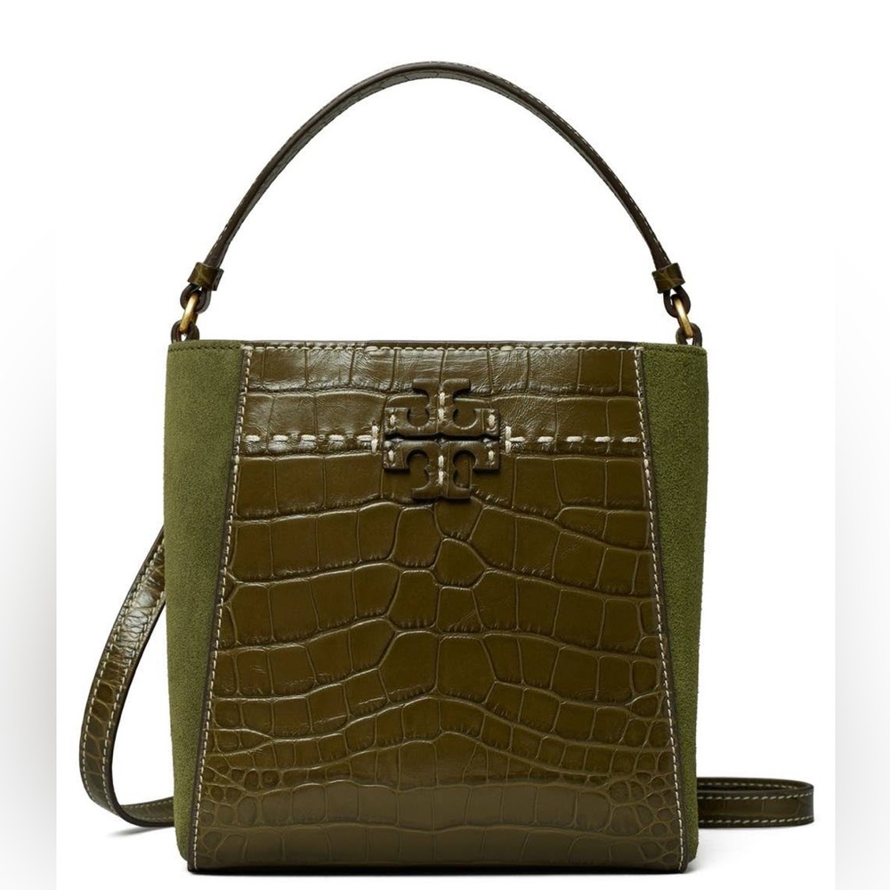 NWT Tory Burch McGraw Embossed Small Bucket Bag, New Olive, $428